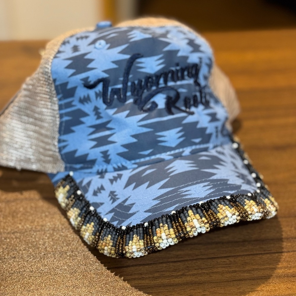Blue and Black Trucker Hat with beaded brim.